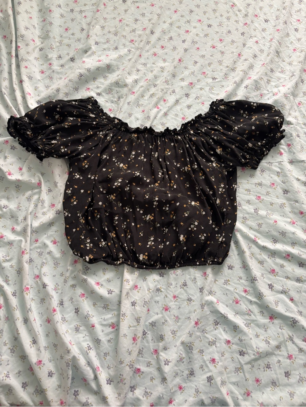 American Eagle Outfitters Black Floral Off-Shoulder Crop Top